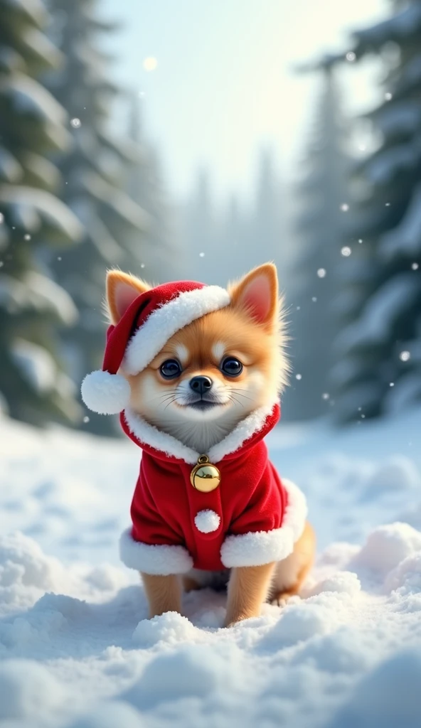 Small dog in Santa Claus outfit standing in the snow