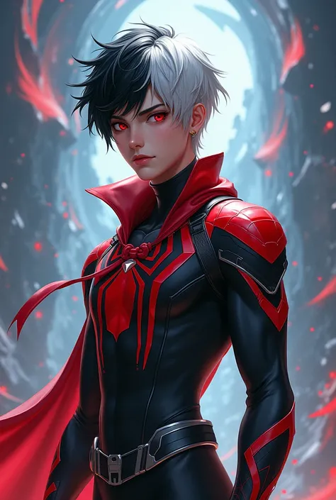  a 17-year-old male teenager , with long bicolor black and white hair ,red eyes,Spiderman costume in black and shades of gray , Red neckerchief , Spiderman Across the Multiverse drawing style 