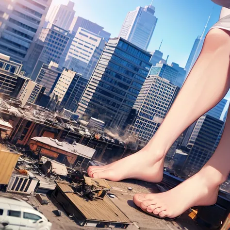 Giantess、Giantess、Anime Women、 Japanese、 short hair、全naked、naked、Giantess、Lying on the ground、smile、 miniature metropolis、 low angle、 Look Down、 Realistic Buildings Destroyed、Many buildings、Accurate body、Accurate composition、High image quality、4K、 high qua...