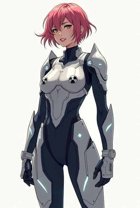 generates the image of a woman with short hair ,  wearing a futuristic armor with shining radiation symbols and futuristic gloves,  in an anime drawing style ,  Full body , and without background .