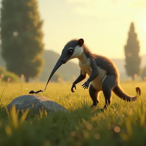 A hyper-realistic real image of a newborn anteater. The anteater has a slender body with gray and black fur, an elongated snout, and a bushy tail. the anteater uses its long tongue to catch a small ant on a rock. The background is a sunny meadow with a few...