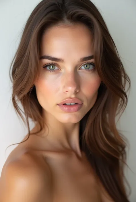 Portrait of a sexy attractive young woman, caucasian, light skin, facing camera, straight, brown hair, luscious big lips, button nose, entire face and hair, white background, 25 years old, olive color eyes, light makeup, perfect skin, studio lighting, phot...