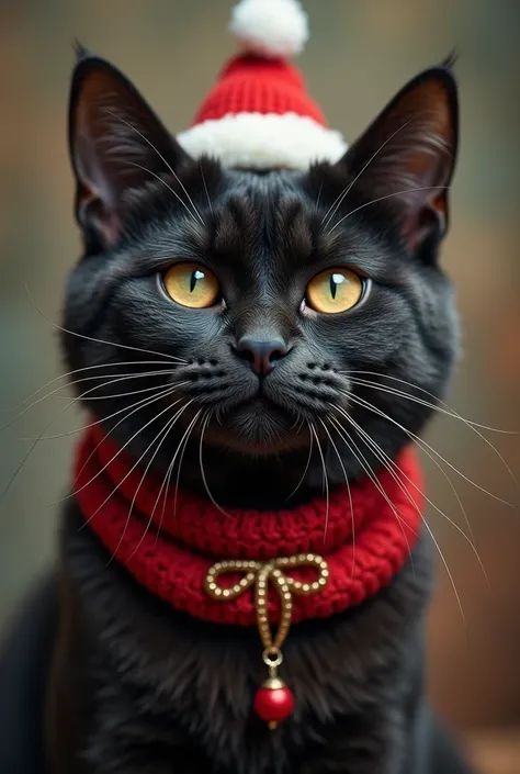 Old white-and-black cat  ,  with her black face dressed for Christmas 
