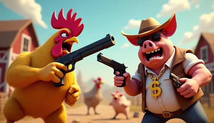 an angry golden hen with a colt-1911, hen is screaming, a muscular rooster with a shotgun, rooster wear a cowboy shirt, a fat happy pig with a cowboy hat and cowboy shoes, pig has sunglass on his eyes, pig has a necklace with a golden dollar sign on, pig h...