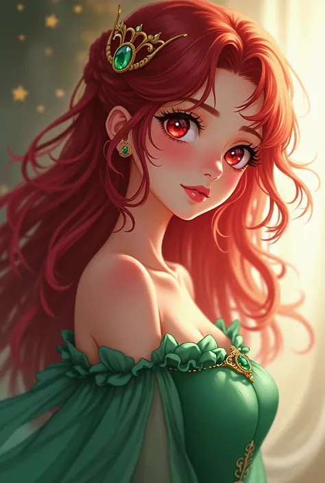 anime teenager princess with dark red hair crimson eyes and green dress