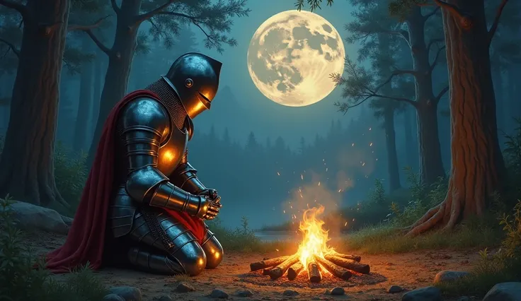 A lone medieval knight, of undisclosed descent and gender, in full shining armor, kneeling before a small campfire. The reflection of flames dances on the polished metal; thick mail coif draped over the shoulders and chest, a visored helmet with a narrow s...