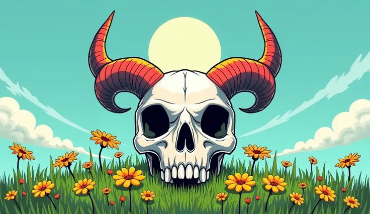 In the style of the video game The Cult Of The Lamb ,  make an animal skull in the illustration and cartoon style ,  with black lines not so wide , but not so thin .  white color that is on grass , surrounded by yellow flowers ,  red and pastel pink lines ...