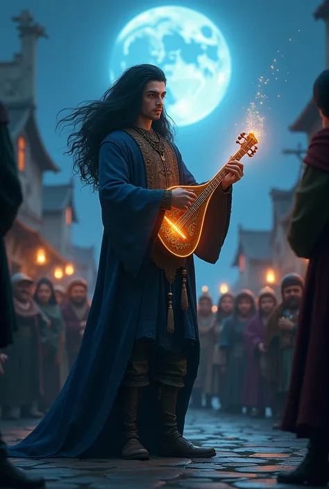 A mysterious bard with flowing dark hair and a glowing lute, standing in the village square, playing under a silver moon. Villagers are drawn to him, their faces entranced.3D animated image 