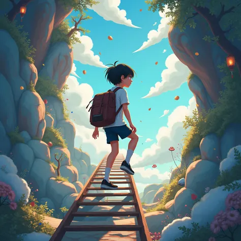 A student climbing a ladder ,  guided by an invisible hand.
 Illustration, ANIME STYLE, anime, character design, Pixar, 