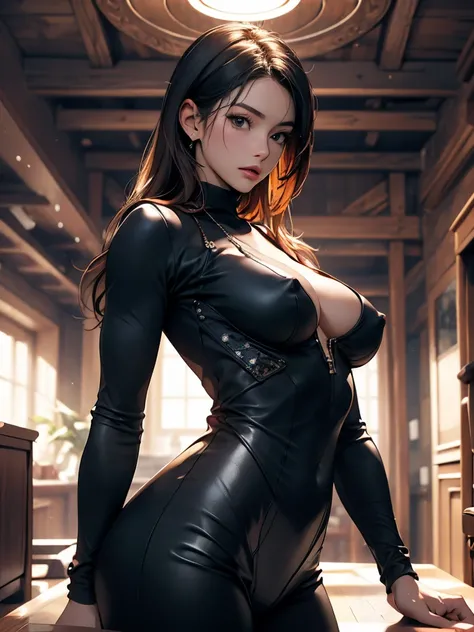 nsfw,One beautiful woman、Cold look、 black bodysuit 、agent、 background is indoor、masterpiece,beautiful,best quality,ultra detailed,exquisite,extremely detailed,high quality,insanely detailed,hughres