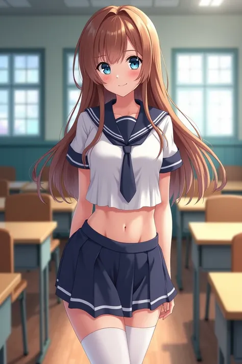 Tall girl, Fit girl,score_9, score_8_up, score_7_up, score_6_up, uncensored, 1girl, miku nakano, long hair, bangs, blue eyes, brown hair, shirt, hair between eyes, huge breasts, sailor outfit, school_uniform, Tie, white stockings, smile, close mouth, Tying...