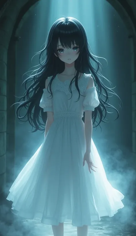 Anime ghost girl with white dress and long black hair standing and looking at you.