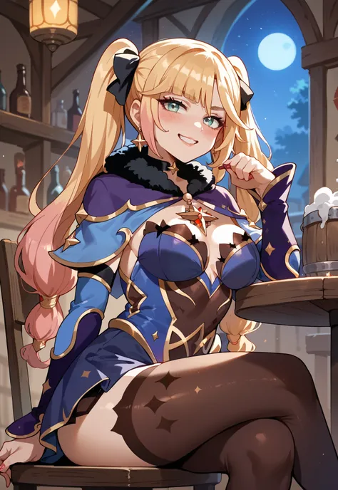 Mona, Genshin Impact, gyaru cosplay, smirk, blush, sitting on a chair, medieval tavern, night time,