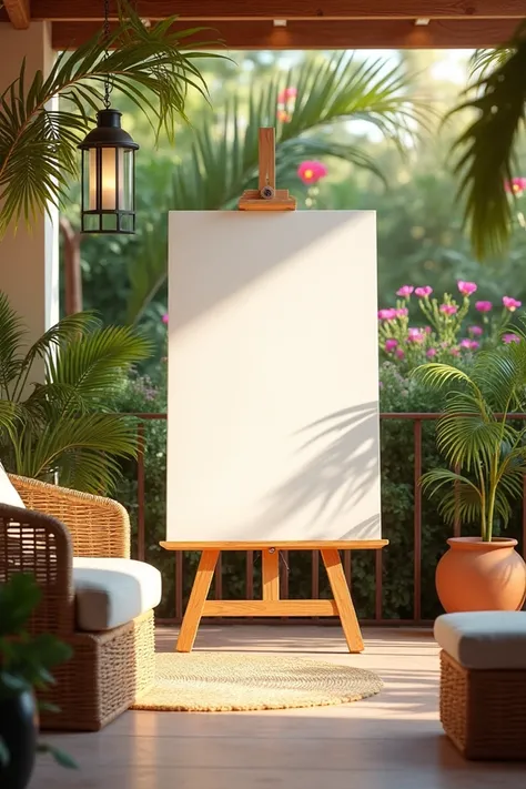  Blank canvas painting mockup in a soothing warm and ambient tropical paradise themed patio.