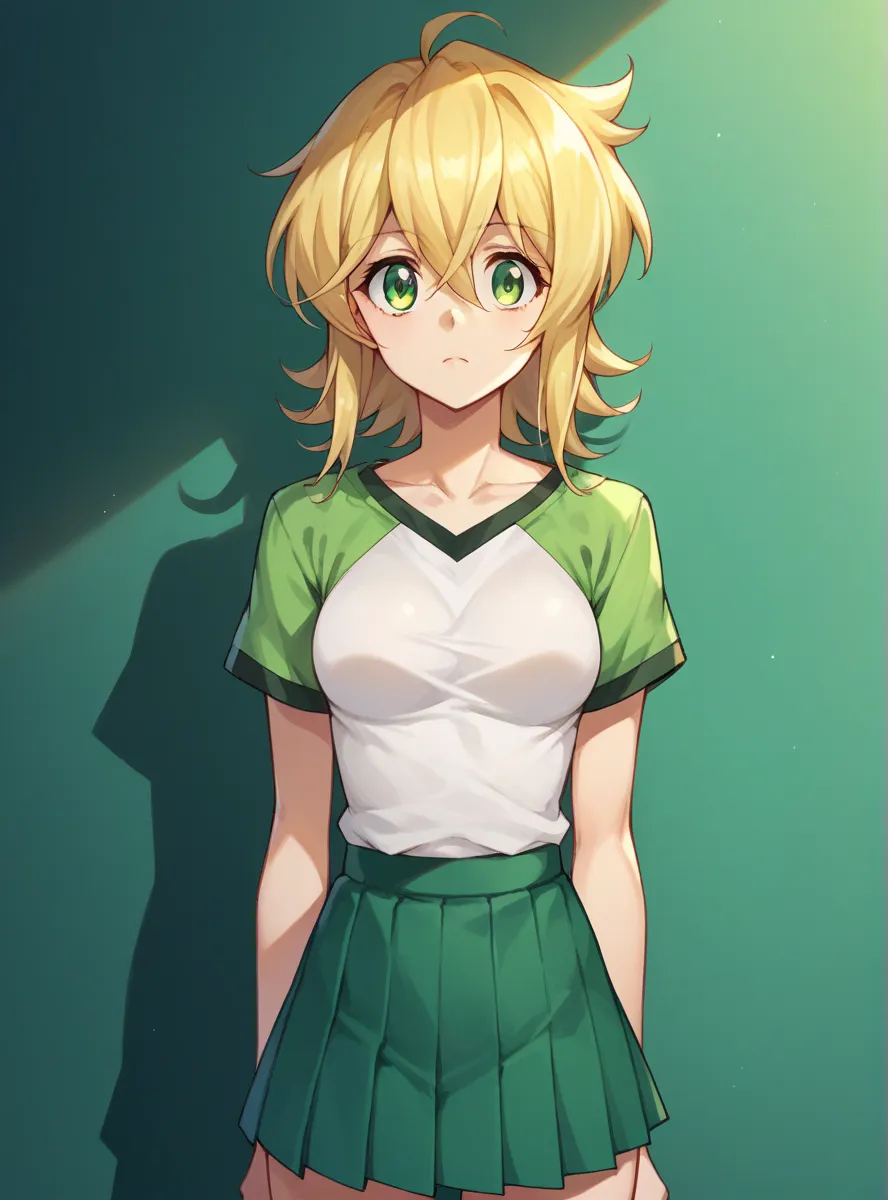  Akatsuki Kirika,  blonde hair,  1 girl, Alone, Green Eyes,  look towards the viewers, Medium breast,  pleated skirt , Half naked,