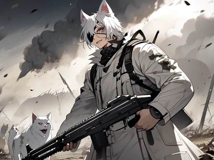 White cat、Male、Personification、Cat ears、battlefield、 holding an assault rifle、Eye patch、 wolf cut