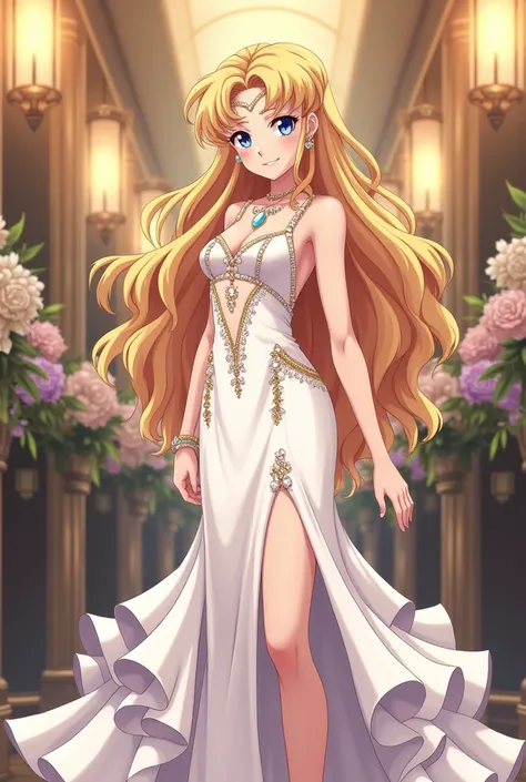 Make me an image of Serena Tsukino, a young adult from the anime Sailor Moon, with long flowing blonde hair, wavy and Chonguitos, wearing an elegant white evening dress with sparkles and pearls, a long skirt with pearls and ruffles and a slit in the leg wi...