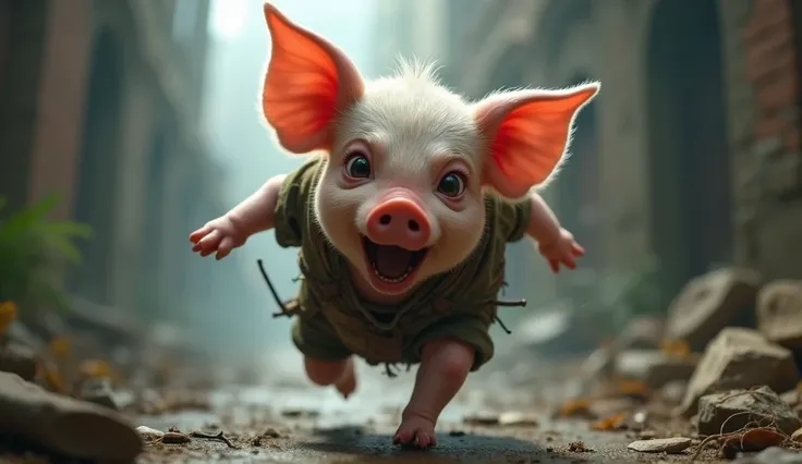  male piglet with clothes, running crying, scared, with a lot of fear, expression of fear, terrified 