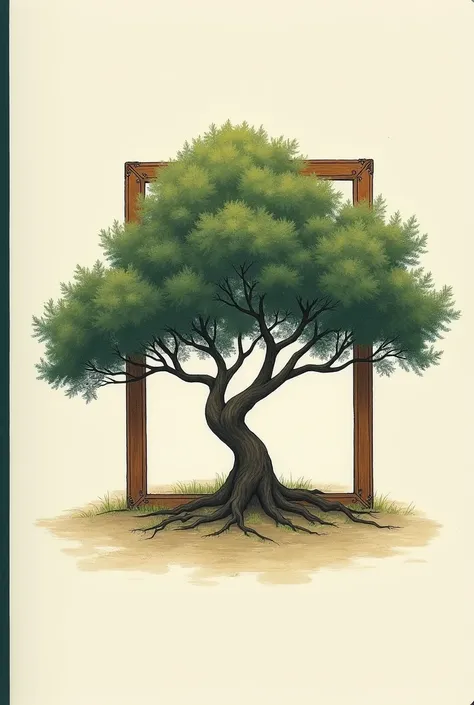 A notebook cover with a framed tree and its branches protruding from the frame