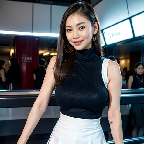 ((Thai Women)),(sleeveless turtleneck:1.3),(highest quality, 8K, masterpiece:1.3),(long shot:1.5),(straight hair),((very short skirt:1.2)),(huge breasts:1.5),thin waist,escalator,(biologically correct hand),smile cutely,Ring earrings、