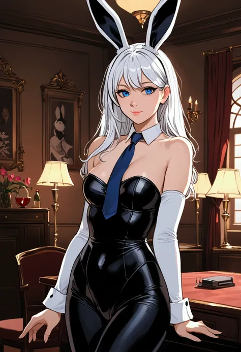 The young woman has long black and white hair,  expressive blue eyes and wears a classic bunny costume: strapless black bodysuit ,  white cuffs ,  neck tie and black rabbit ears .  She is in an elegant pose , with a slight smile,  in a cozy and softly illu...