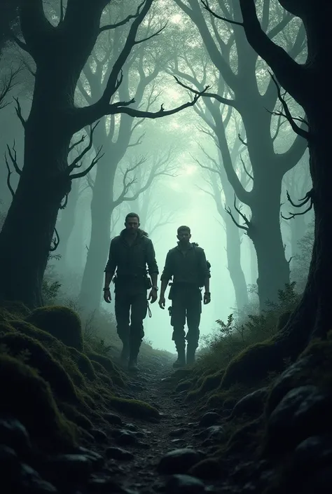 Create an image where there are two men walking in the woods and the background is somewhat dark