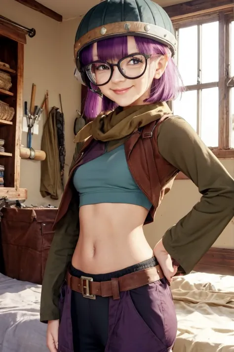 lucca, purple hair, helmet, glasses, long sleeved zip jacket, mechanic pants, (midriff, navel), wood room, repair tools, standin...