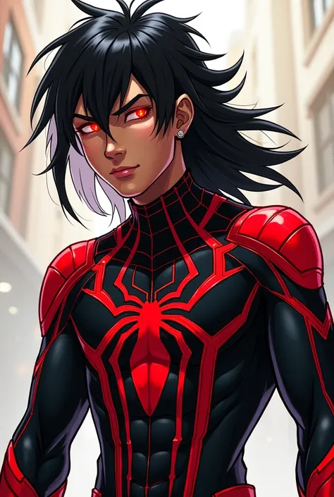  a 17-year-old male teenager , with long bicolor black and white hair ,brown skin color,red eyes,Black Spiderman costume,red and grey, Spiderman drawing style Across the Multiverse  