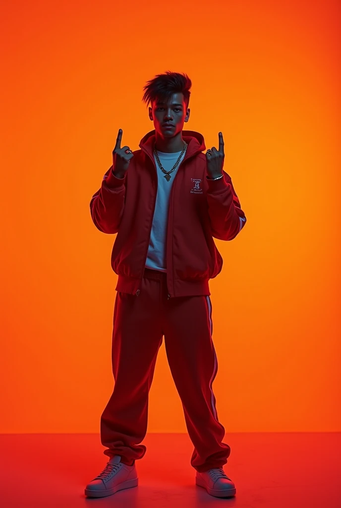 Hombre joven de piel clara y cabello castaño A man standing in front of a orange background, peinado Prince Royce , Center full-body pose, rapper character wearing 90s old school clothing, white streak by Alexandre Ferra, Google design, white neon wash, mi...