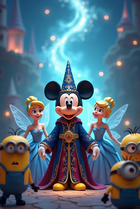 Mickey Mouse with robes  , Cinderella, TinkerBell ,  Minions in a single image