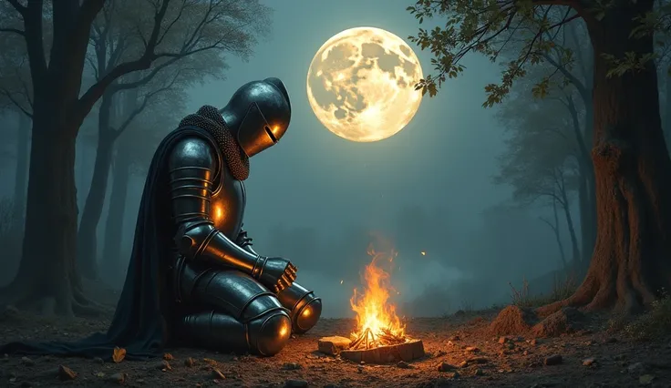 A lone medieval knight, of undisclosed descent and gender, in full shining armor, kneeling before a small campfire. The reflection of flames dances on the polished metal; thick mail coif draped over the shoulders and chest, a visored helmet with a narrow s...