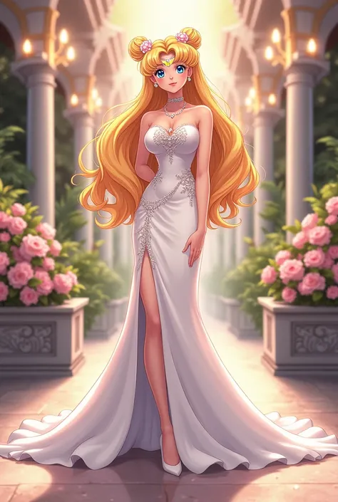 Make me an image of Serena Tsukino, a young adult from the anime Sailor Moon, with long blonde loose wavy hair and Chonguitos, wearing an elegant white evening dress with a heart neckline, sparkles and pearls, a long skirt with pearls and ruffles and a sli...