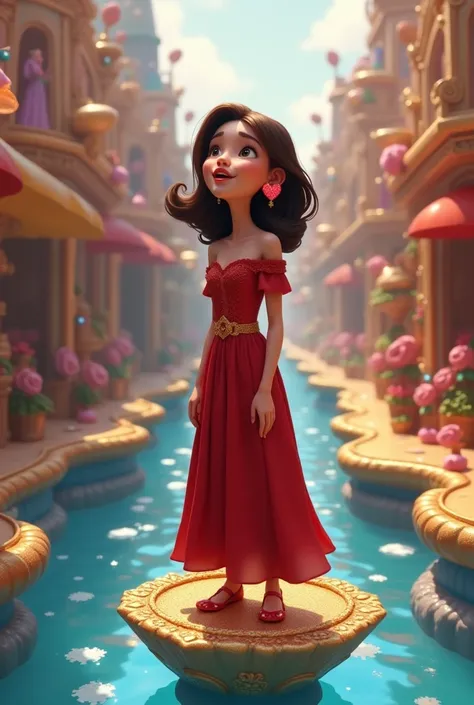 Disney inspired 3D poster/ Pixar capturing a scene of a 25-year-old woman , Medium-haired brunette ,  dark brown hair, round nose  , medium mouth,  with heart earrings , Evangelical woman in ruby red dress ,  In a blue river with streets of gold and crysta...