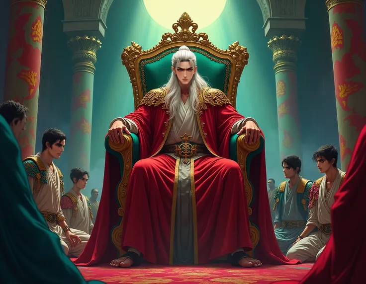  in the colorful 2D mature Manhwa style , medieval ,  of a man seated on the throne  , The man has white hair  , tanned skin and green eyes  ,  Around you ,  several subjects kneeling and submissive .  He leaves the scene dark and dictating .