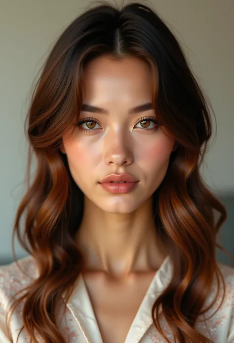 Create the image of an extremely beautiful and perfect woman with deep metallic brown hair