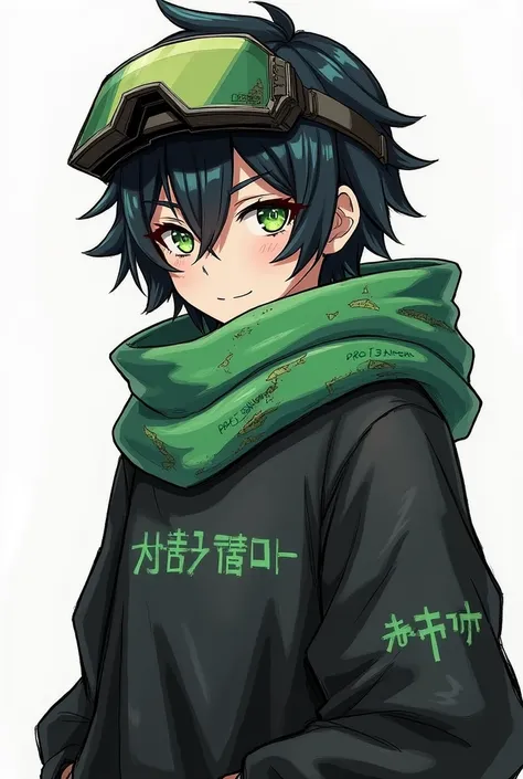 Protogen,pfp,  looking at the viewer ,A little to the side,Black and green hair,   matching colored visor ,  battle-worn scarf,Alone,perfect pose , hand drawn man ,black sweatshirt,Matching clothes