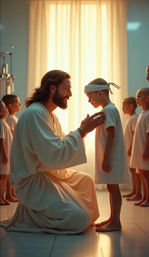 A breathtaking, photorealistic depiction of Jesus Christ in a modern hospital ward, kneeling beside a young  wearing a blindfold. Jesus gently places His hand on the ’s head, His expression filled with divine compassion and hope. Around them, other ren in ...