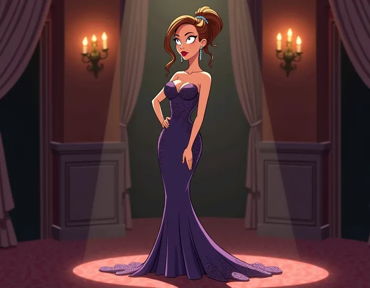 Create an image of Summer Smith from the animated series Rick and Morty, dressed in an elegant and sophisticated evening gown. She is standing confidently with a graceful pose, showing off her gown, which is a sleek, floor-length dress in a deep shade of p...