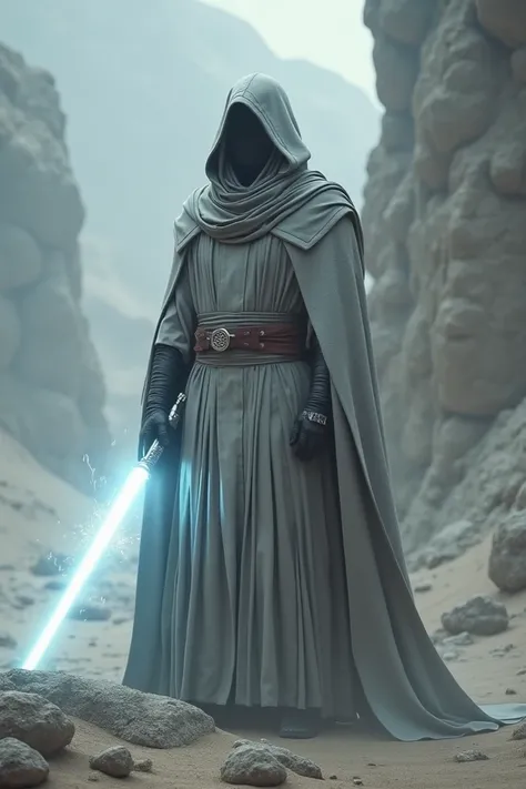 Grey jedi  with white lightsaber 