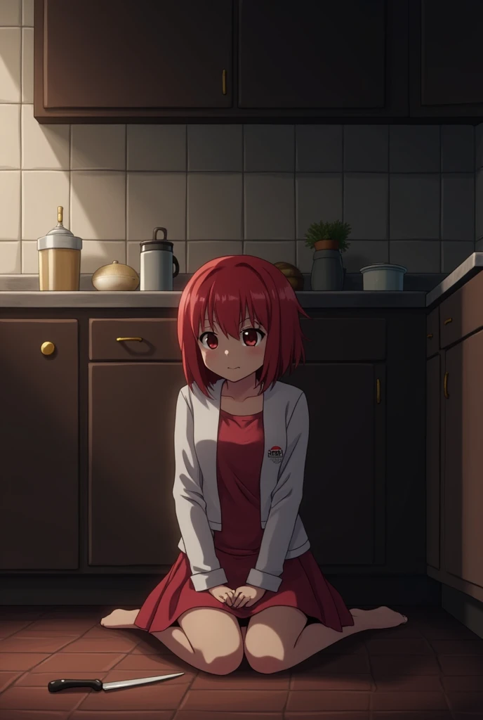  Sayori doki doki literature club, Sayori insane , insanity,  alone in the kitchen ,  sitting on the kitchen floor ,  a knife next to her ,  knife on the floor next to her body, Sad girl, insane, Ddlc,  low lighting , depressed, Exciting Literature Club,qu...