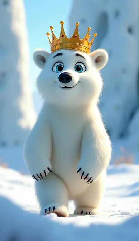 Disney Pixar style character polar bear with blue eyes that is standing on to make walking movements that is in the snow and that has a kings crown 