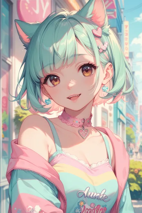 Girl, wolf hair cut, mint hair color with pink tips, pastel clothes, cute and adorable in a pastel city scape with brown eyes. Pastel choker.