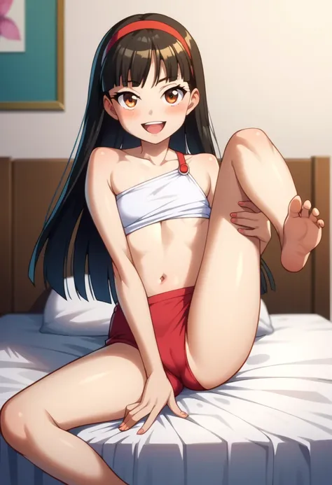 (( best quality)), ((masterpiece)), (be familiar with),  perfect face, indoor, bedroom,  viewer,
One woman,  Yukiko Aikina,
 characters with open mouth ,  ecstatic expression with hands in front of body, blush, smile,
Small breasts,  flat chested, Young gi...