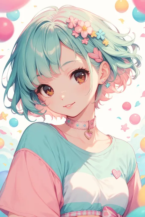 Girl, short hair, mint hair color with pink tips, pastel clothes, cute and adorable in a pastel city scape with brown eyes. Pastel choker.