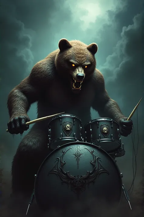 Mascot of an evil bear playing drums 