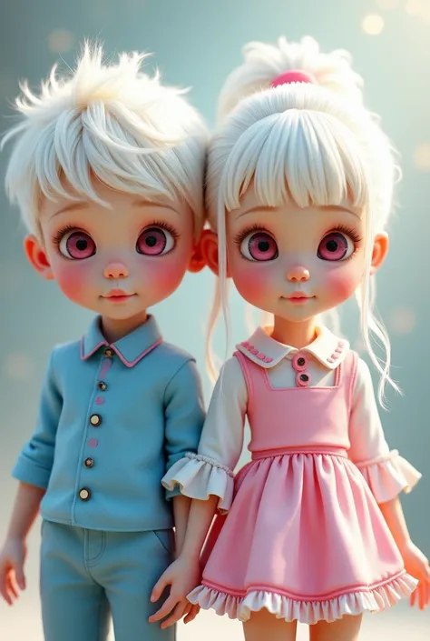 Cute boy/girl twins with white hair and pink eyes. The boy wears blue while the girl wears pink. Both looking front.