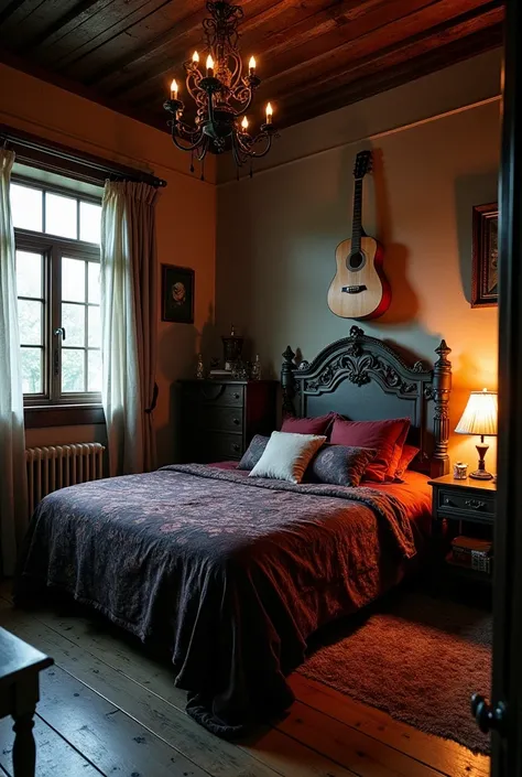 Vampire style bedroom combined with human style in a homely and country way and with an acoustic guitar hanging on one of the wall in front of the bed 