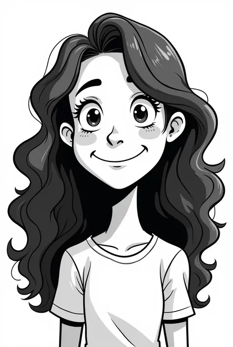 A 14-year-old with long curly hair cheerful black and white cartoon style 