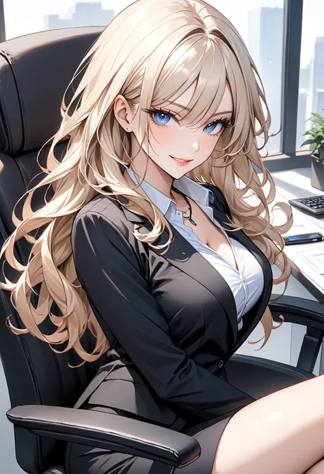 solo, close up, woman, long hair, curly hair:0.6, light blonde, deep blue eyes, wide smile, large breasts, open top, black business suit, pencil skirt, office, looking at viewer, simple necklace, sitting, office chair, adult appeal, crossed legs, flirty po...