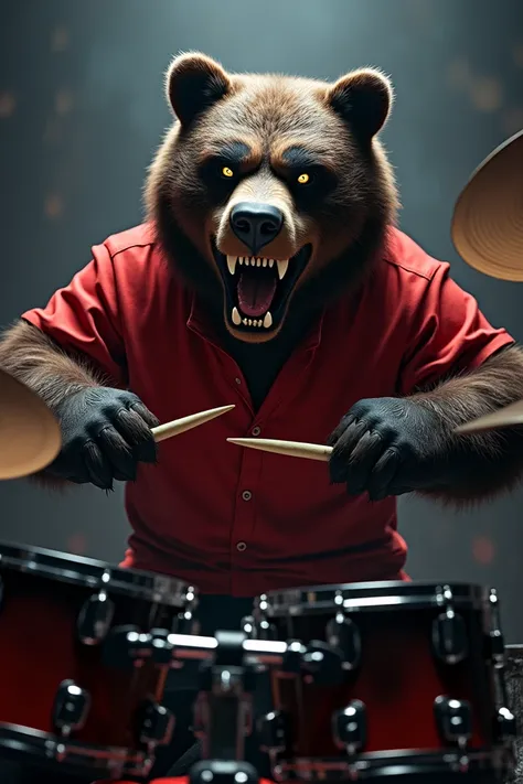 Mascot of an evil bear with the red shirt playing drums 